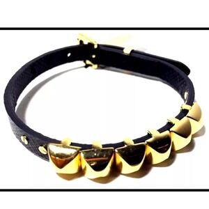 Michael Kors Studded Bracelet Gold‎ Tone Black Leather Strap Buckle Closure